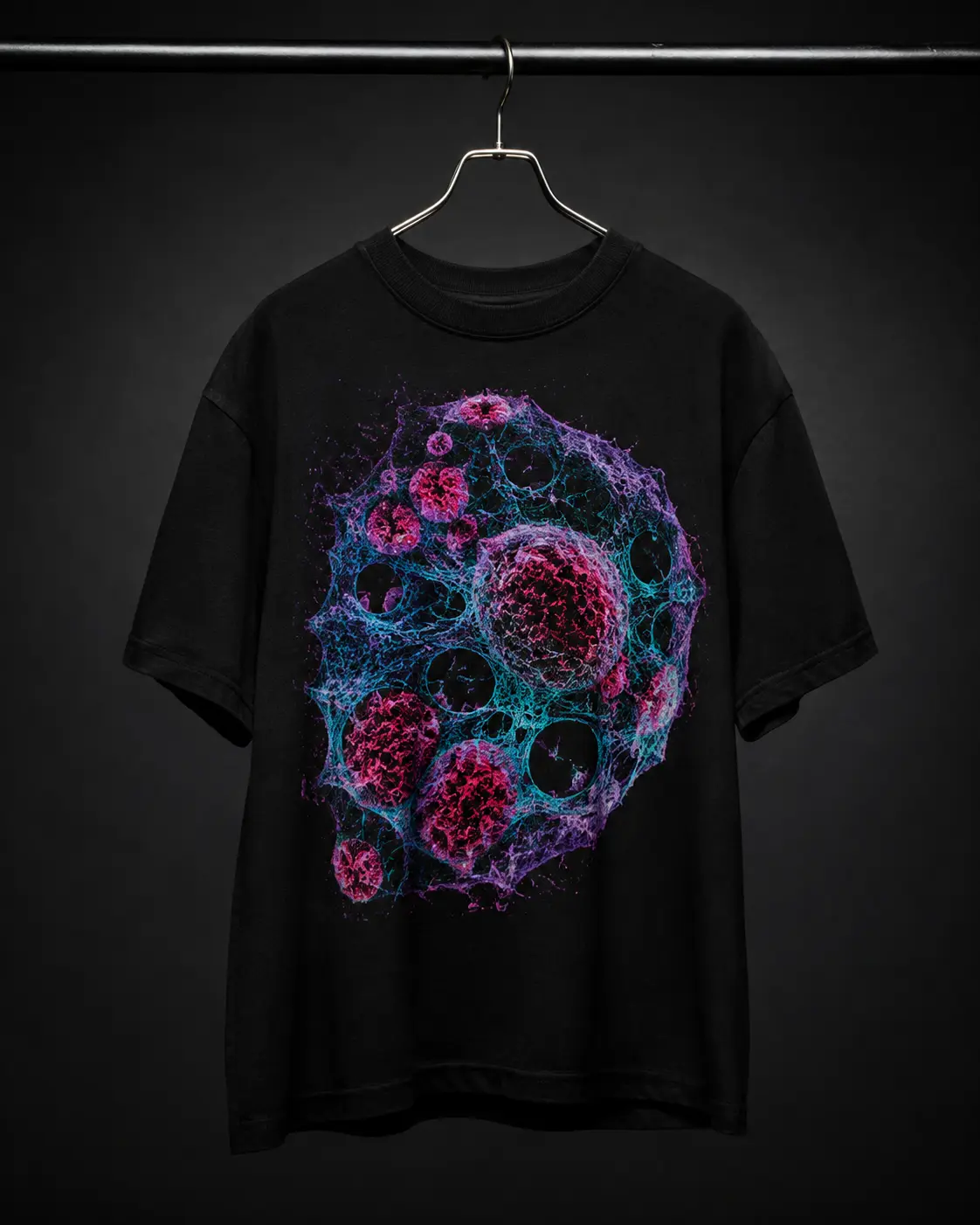 Black heavyweight T-shirt with magenta and cyan microscopy-inspired artwork