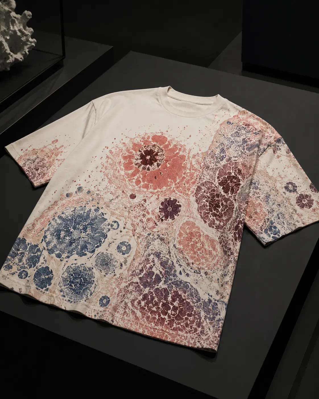 Ivory heavyweight T-shirt with coral and navy microscopy-inspired artwork