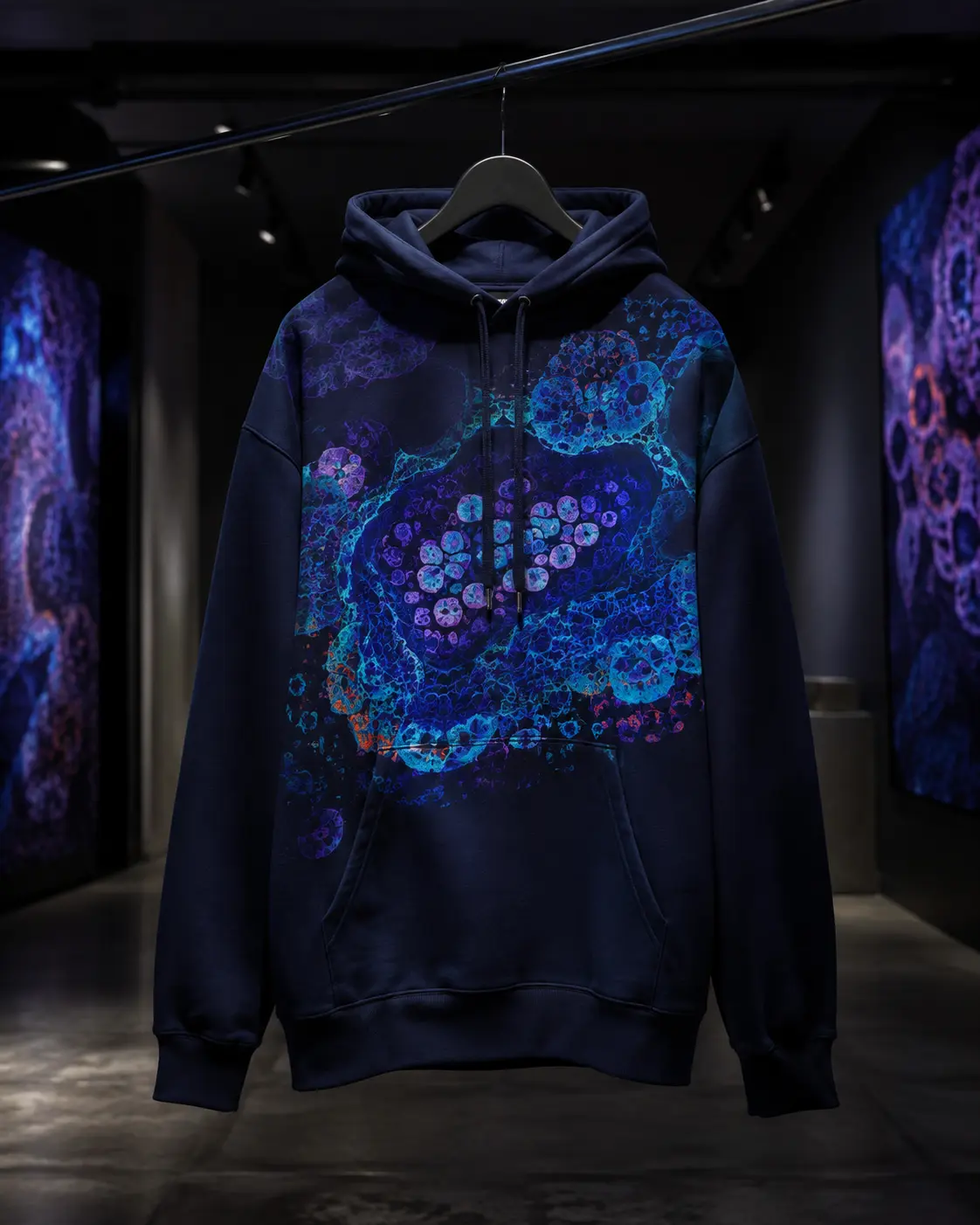 Navy hoodie with blue and violet microscopy-inspired artwork